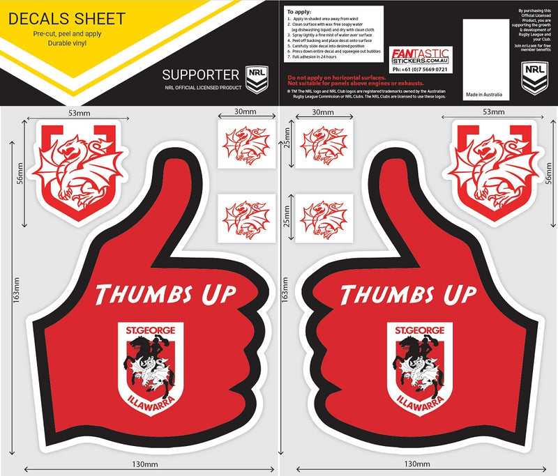 St George Dragons Thumbs Up Decal Sticker Sheet