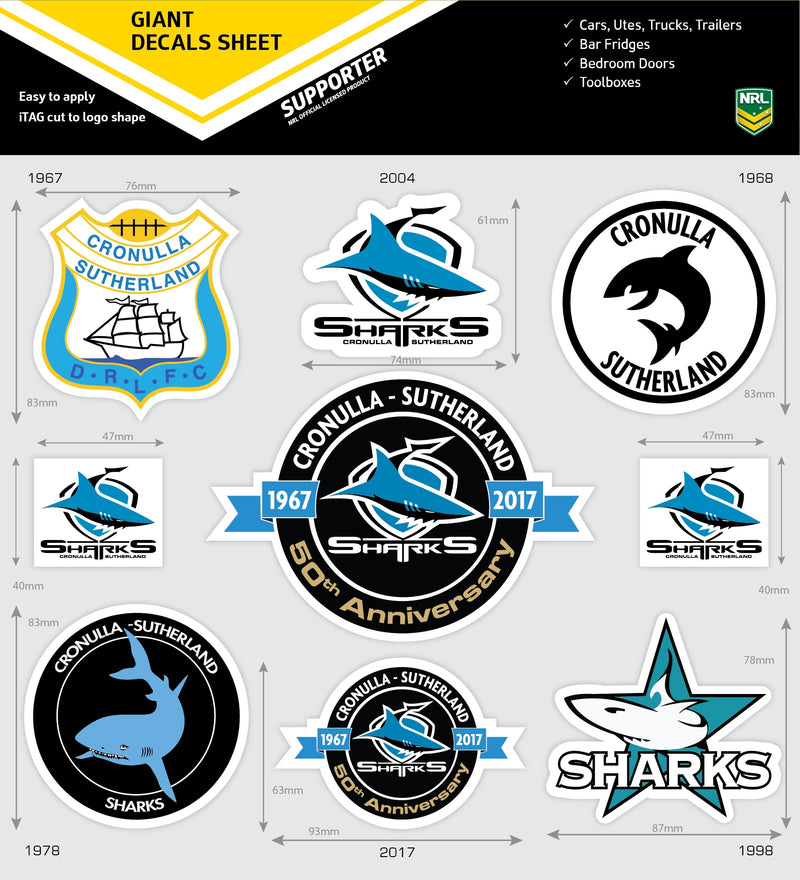 Cronulla Sharks 50th Anniversary and Retro Logo Decal Sheet